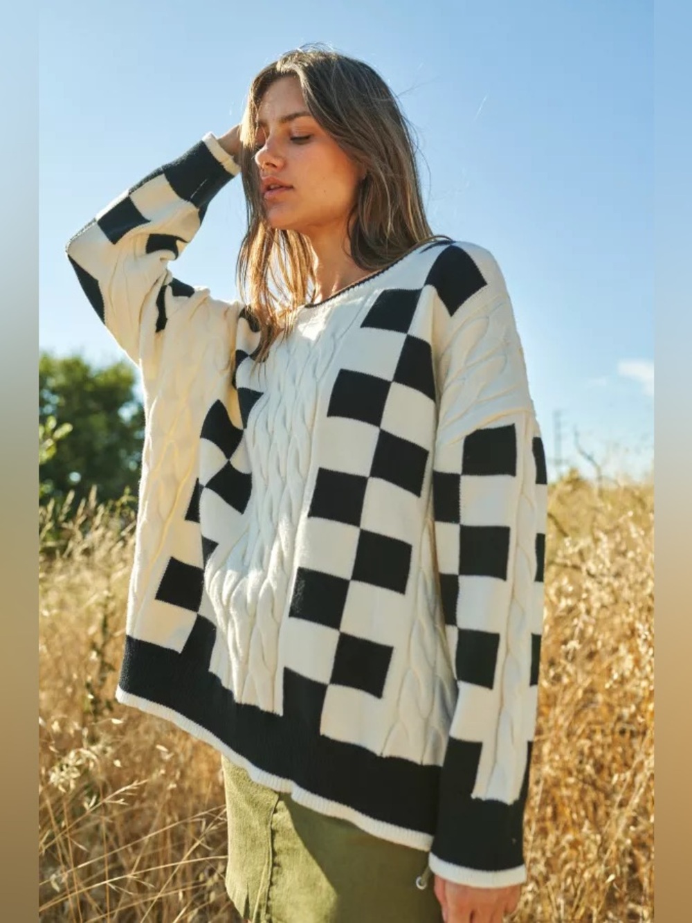 Mello Cable Knit Checkered Print Crewneck Sweater Womens Size L